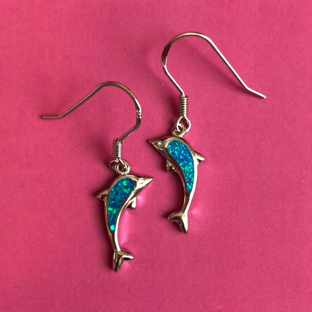 Sterling Silver with Lab Opal Dolphin Earrings - Picture 2 of 5